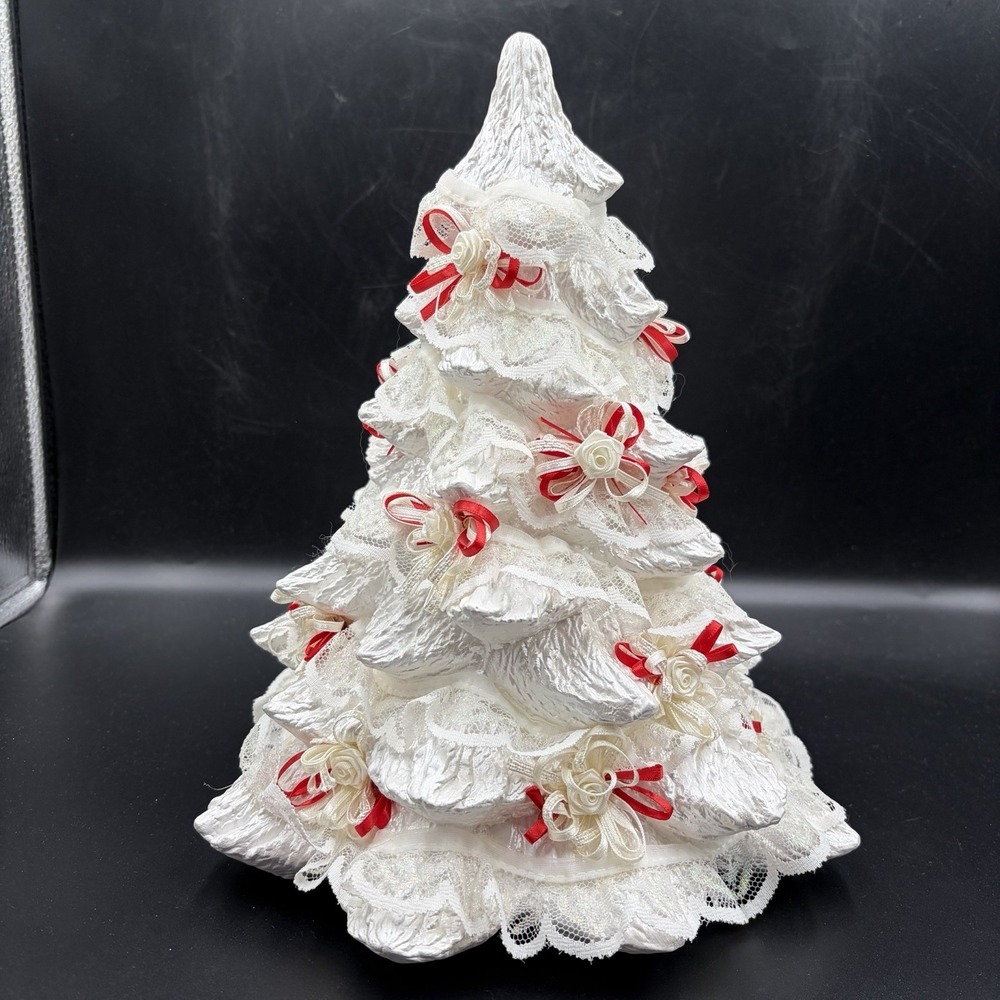 Vintage 80s White Ceramic Christmas tree with Red White Ribbon‎ Lace White Roses